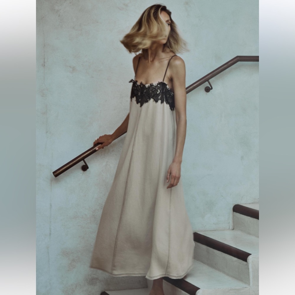 Zara linen blend lace trim maxi dress